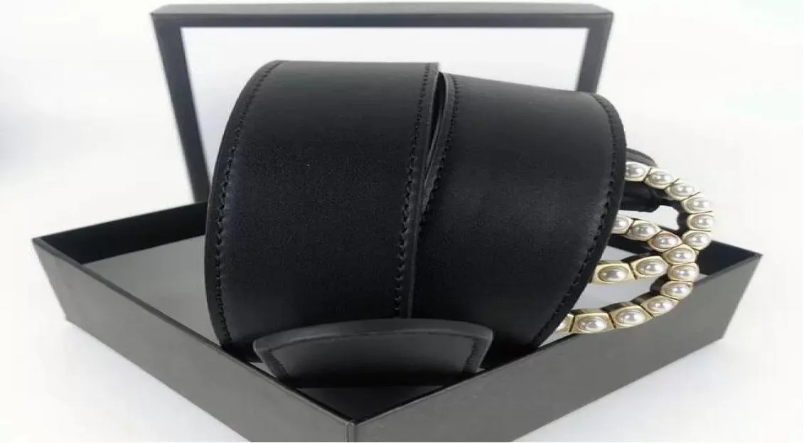 Moda para mujer Hombres Diseñadores Cinturones Cuero Negro Bronce Hebilla Clásico Casual Cinturón de perlas Ancho 38 cm con caja6591791