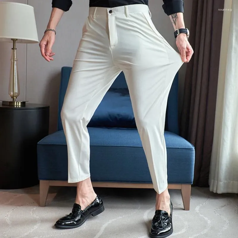 メンズスーツ高品質のシルクズボンサマーカジュアルビジネスドレススーツパンツエラスティックアンクルレングスオフィスソーシャルウェディング