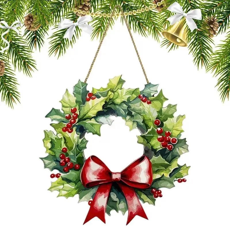 Decorative Flowers Christmas Front Door Sign Wooden Flated Bowtie Welcome Wreath