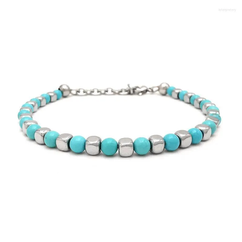 Fili di perline Runda Bracciale con lapislazzuli per uomo 22 cm Accessori in acciaio inossidabile Coppia fatta a mano Gioielli di moda Regali Inte22