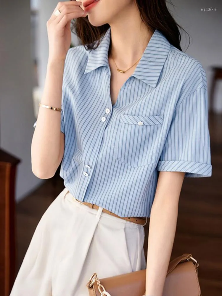 여성용 블라우스 블루 스트라이프 셔츠 사무실 여성 Blusas Mujer Elegantes Y Juveniles 2023 여름 짧은 슬리브 세련된 캐주얼 셔츠 탑