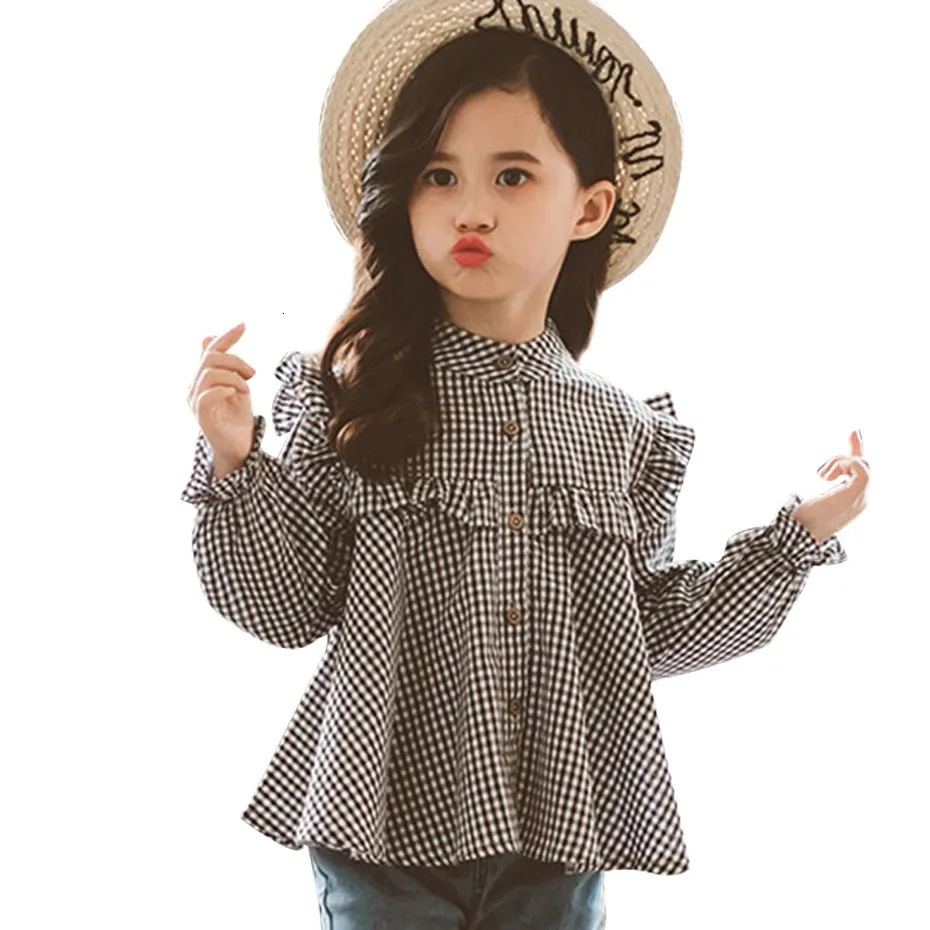 Kids Shirts Girls Blouse Plaid Pattern Blouse Girl In School Ruffle Blouse Long Sleeve Spring Autumn Children Shirt 230331