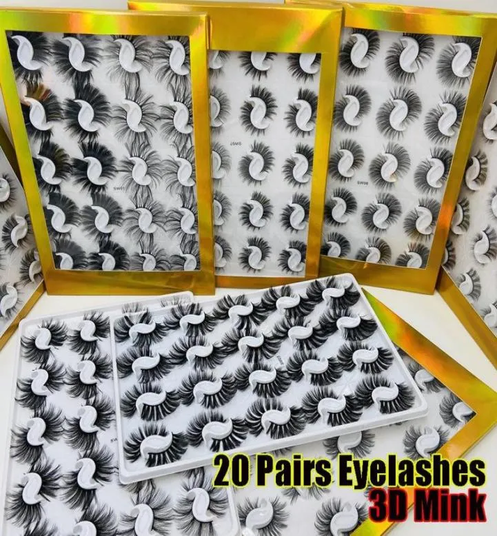 20 parboxade 25mm blandade stilar 3D Mink False Eyelashes Naturliga långa fransar Handgjorda Wispies Bushy Fluffy Sexy Eye Makeup Tools4717486