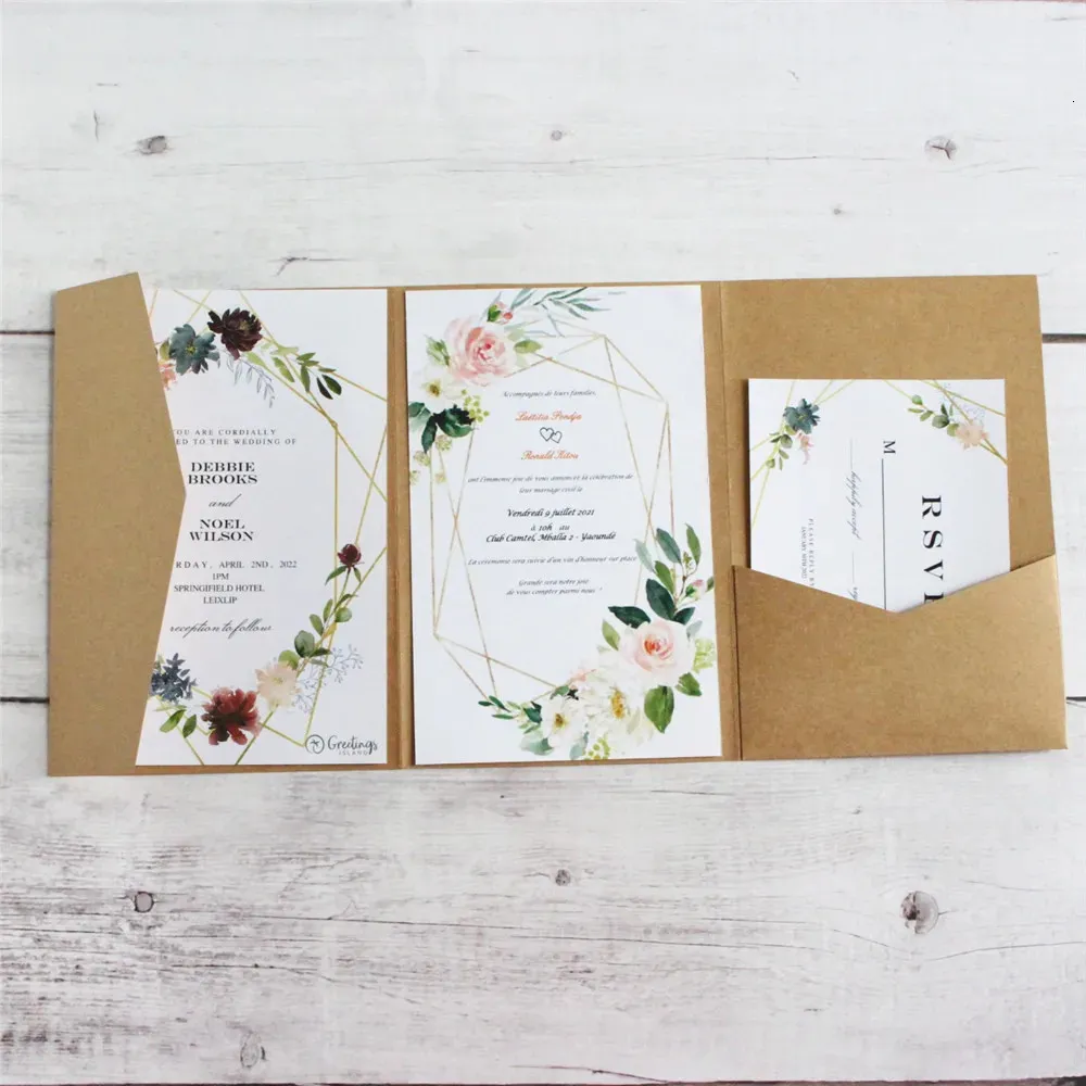 Kartki z życzeniami puste karty Zaproszenie ćwierć folder 3 Wstawki Drukowanie ogłoszenia ślubu