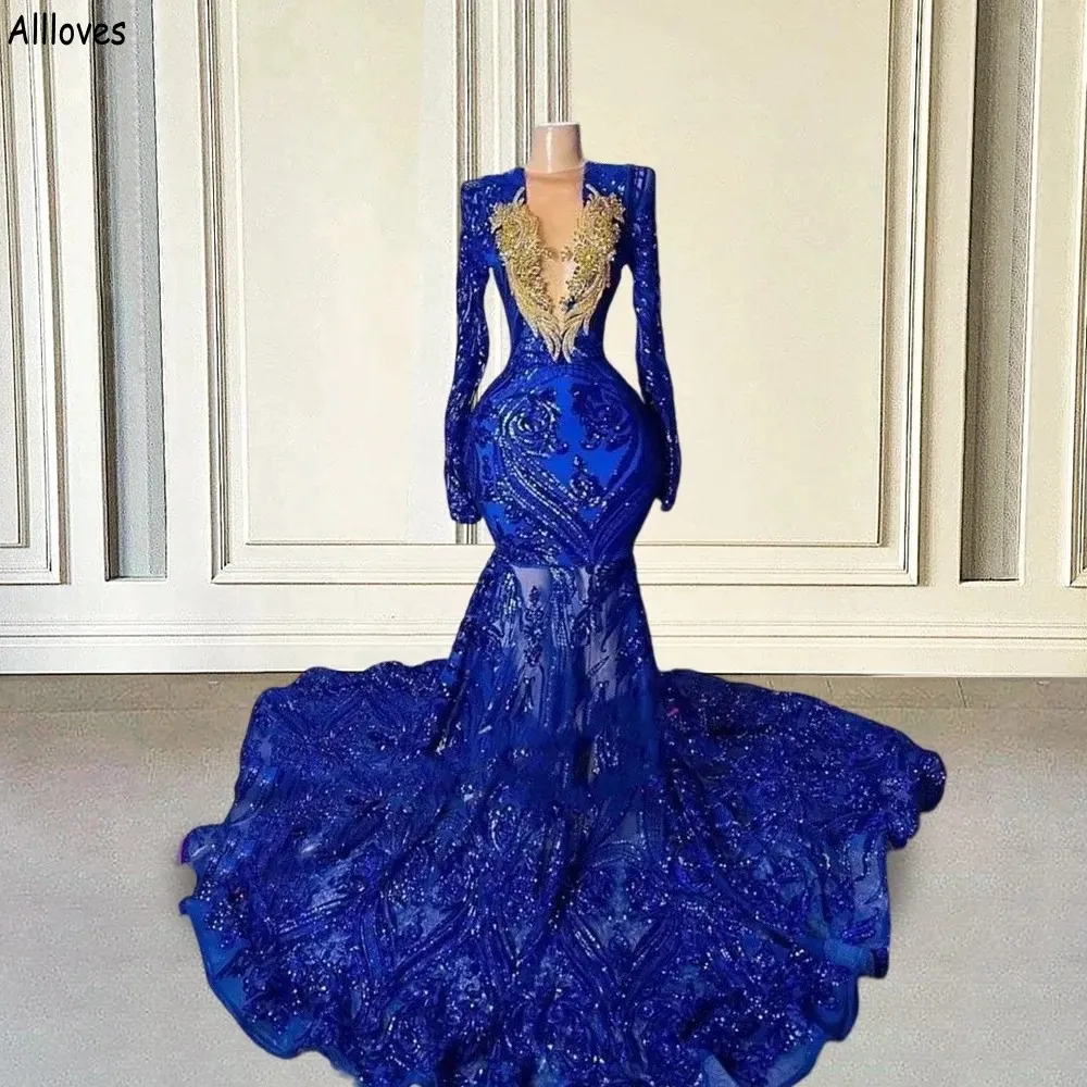 Royal Blue Long Sleeve Prom Dresses V Neck Shiny Lace Sequind Arabic Aso Ebi Evening Formal Gowns Gold Appliuqe Beading Slim Fitted Long Mermaid Party