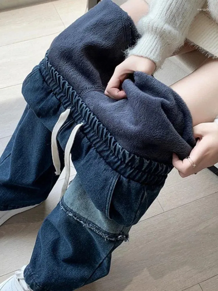 Damesjeans Blauwe Cargo Denim Baggy Broek Dikke Warme Hip Hop Japanse Vintage Y2k Koreaanse Stijl Rechte Wijde Pijpen Broek