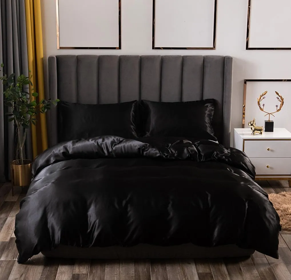 Conjunto de cama de luxo king size preto cetim seda consolador cama casa têxtil tamanho rainha capa edredão cy2005196783495