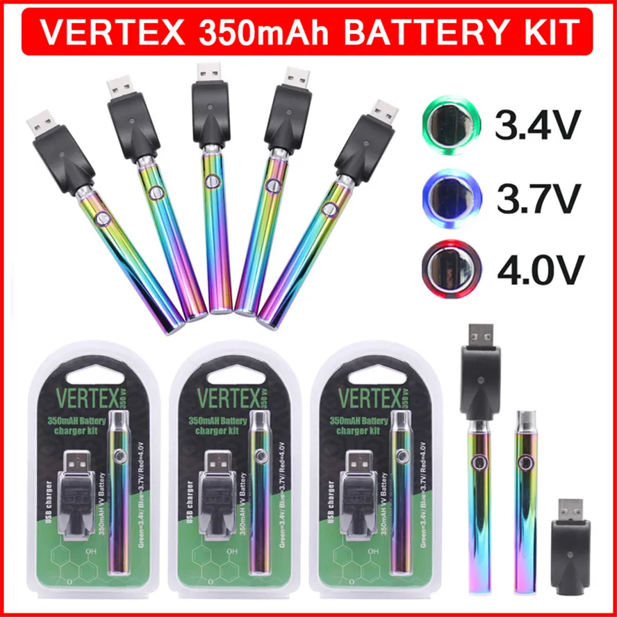 Vertex 350 MAH Zestawy ładowarki podgrzewania akumulatorów tęczowe podgrzewanie Vape Regulowane napięcie akumulatory VV 510 Niciowe kasety