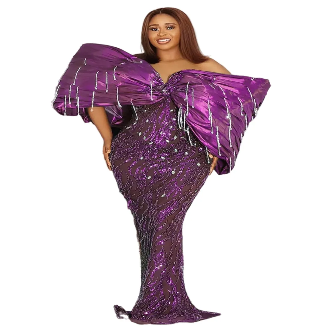 2023アラビア語aso ebi mermaid purpleプロムドレスクリスタルビーズイブニングドレススパンコールレースの誕生日婚約セカンドガウンドレス女性フォーマルウェアWD008