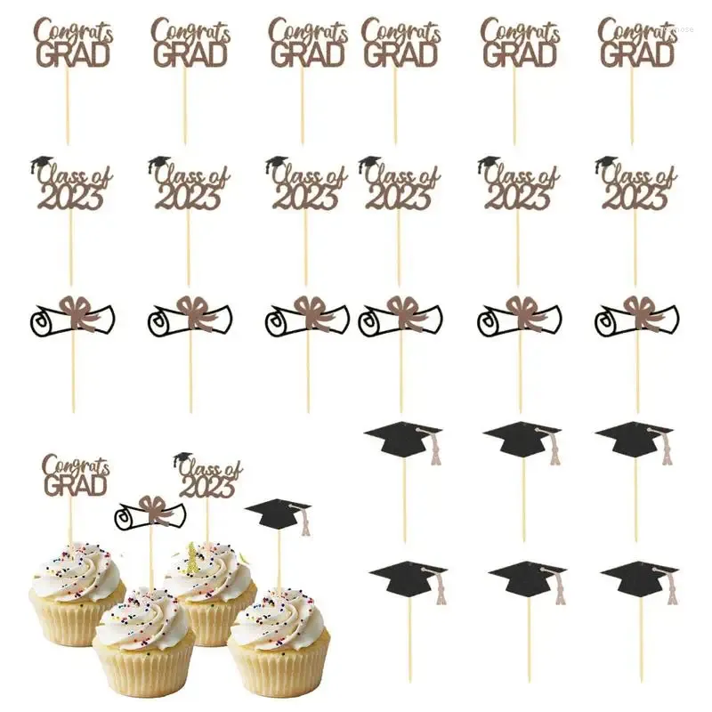 축제 용품 24pcs 졸업 케이크 토퍼 크리에이티브 컵 케이크 선택 테마 파티 장식을위한 휴대용 장식 스틱