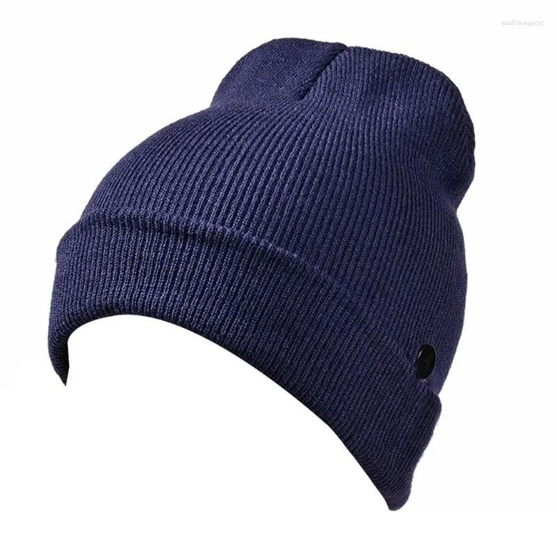 Bérets femmes hommes hiver bonnet tricoté chapeau avec protection d'oreille anti-serrée 2 boutons latéraux simple couleur unie casquette de crâne à revers