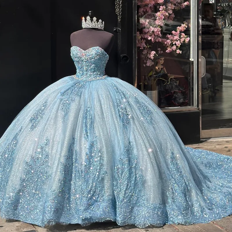 Luxe Hemelsblauw Glanzend Quinceanera Jurken 2024 Kant Applique Kralen Sweethear Prinses Zoete 15 16 Jaar Verjaardagsfeestje Gown Gift