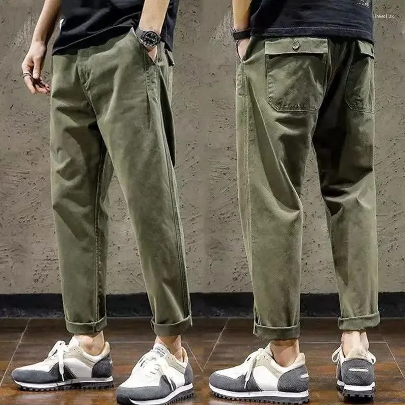 Men's Suits 2023 Cargo Pants Men Stretch Waist Loose Pocket Casual Trousers Solid Color Breathable Training Sport Korean Pencil Trouser H38