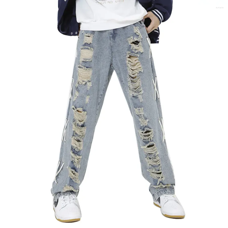 Herr jeans män hål rippade nödställda denim streetwear sida snörning byxor lösa vintage retro blå non stretch byxor