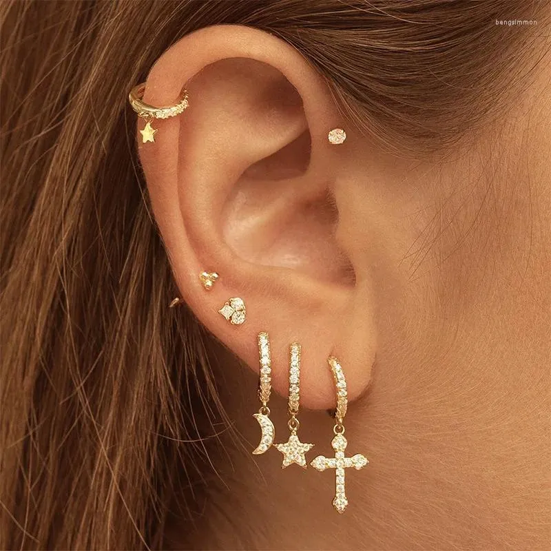 Dangle Earrings Piercing Hoop Women With Pendant Micro Inlaid Zircon Cross Star Moon Heart Ear Gold Color Earings Jewelry