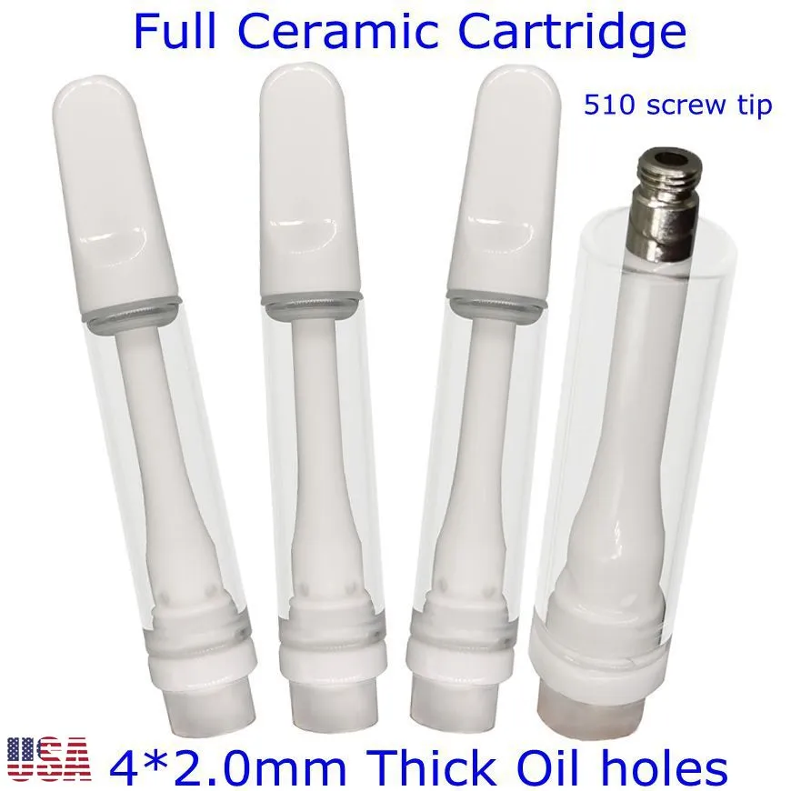 1.0ml Full Ceramic Cartridge USA Stock 510 Thread Atomizer Screw Tip Thick Oil Carts Empty Vaporizer Pen Foam Tray Cartridges Packaging