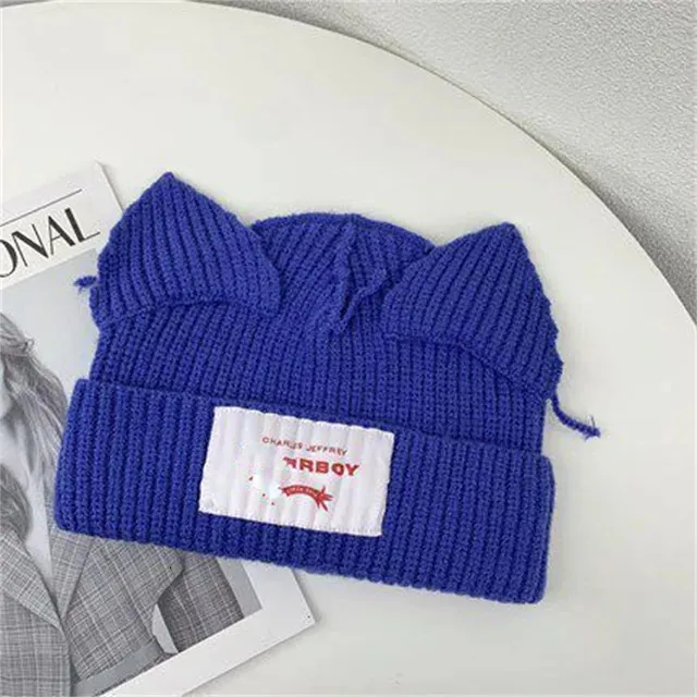 Wool Beanie Hat with Cat Ears Knitted Skull Cap for Men and Women