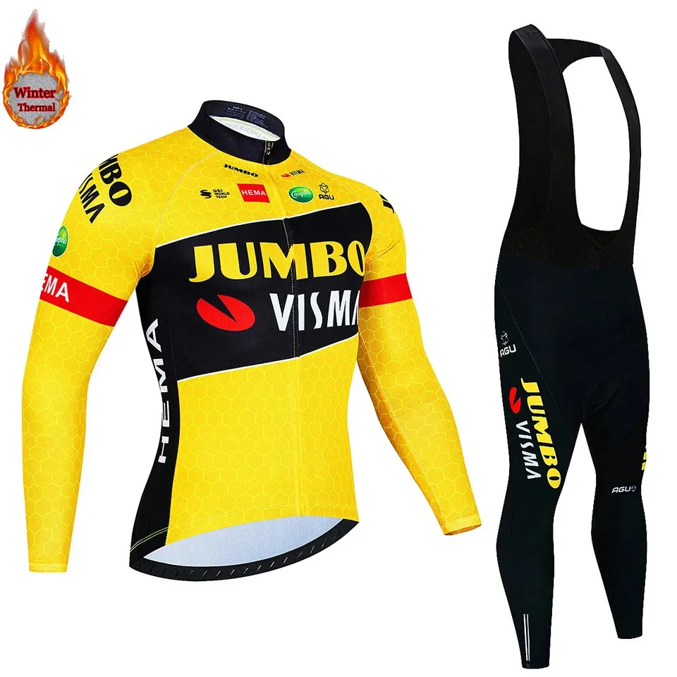 Cycling Jersey Sets JUMBO Team fleece Long Sleeve winter Bib Pants Ropa Ciclismo Bicycle warm Clothing MTB Bike Clothes Uniform 231102