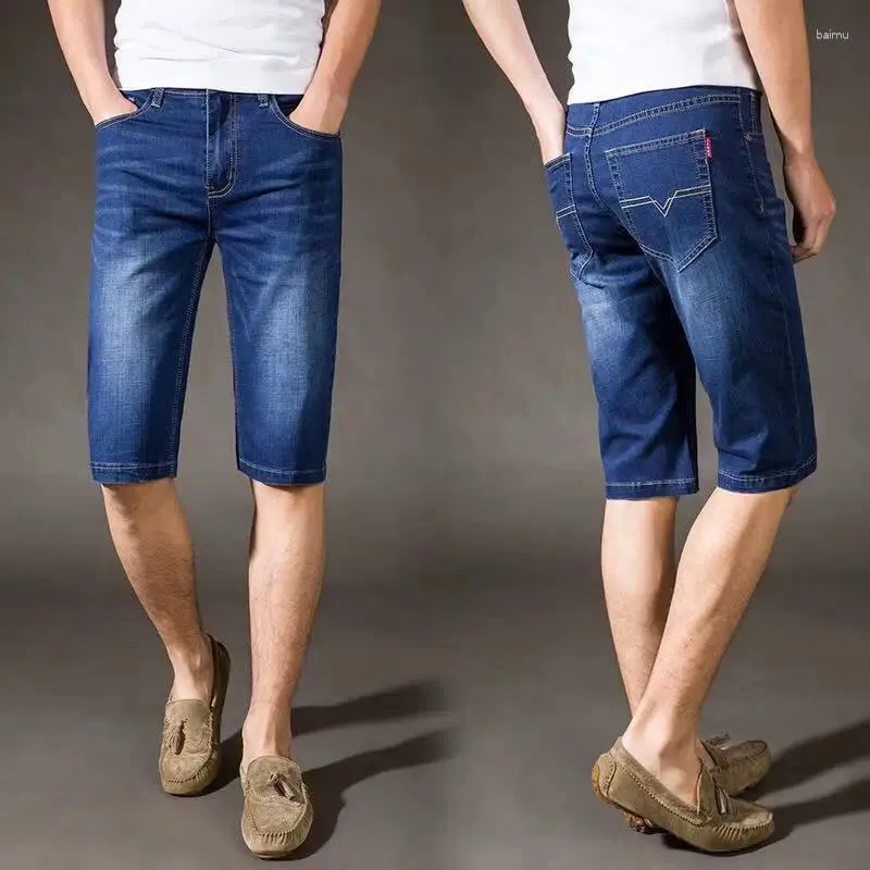 Mäns jeans Summer Thin Denim Knee Pants Show Elastic Men High Quality Straight Tube Loose Business Travel Luxury Design Quarter Shorts