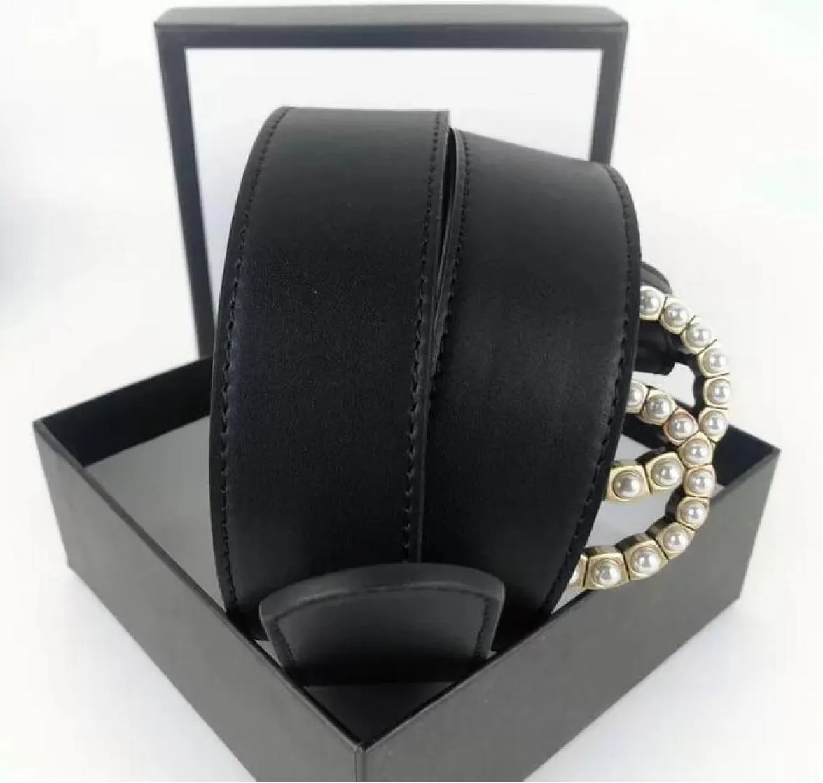 Fashion Womens Men Designers Belts Leather Black Bronze Buckle Classic Casual Pearl Belt Width 38cm With Box4425004