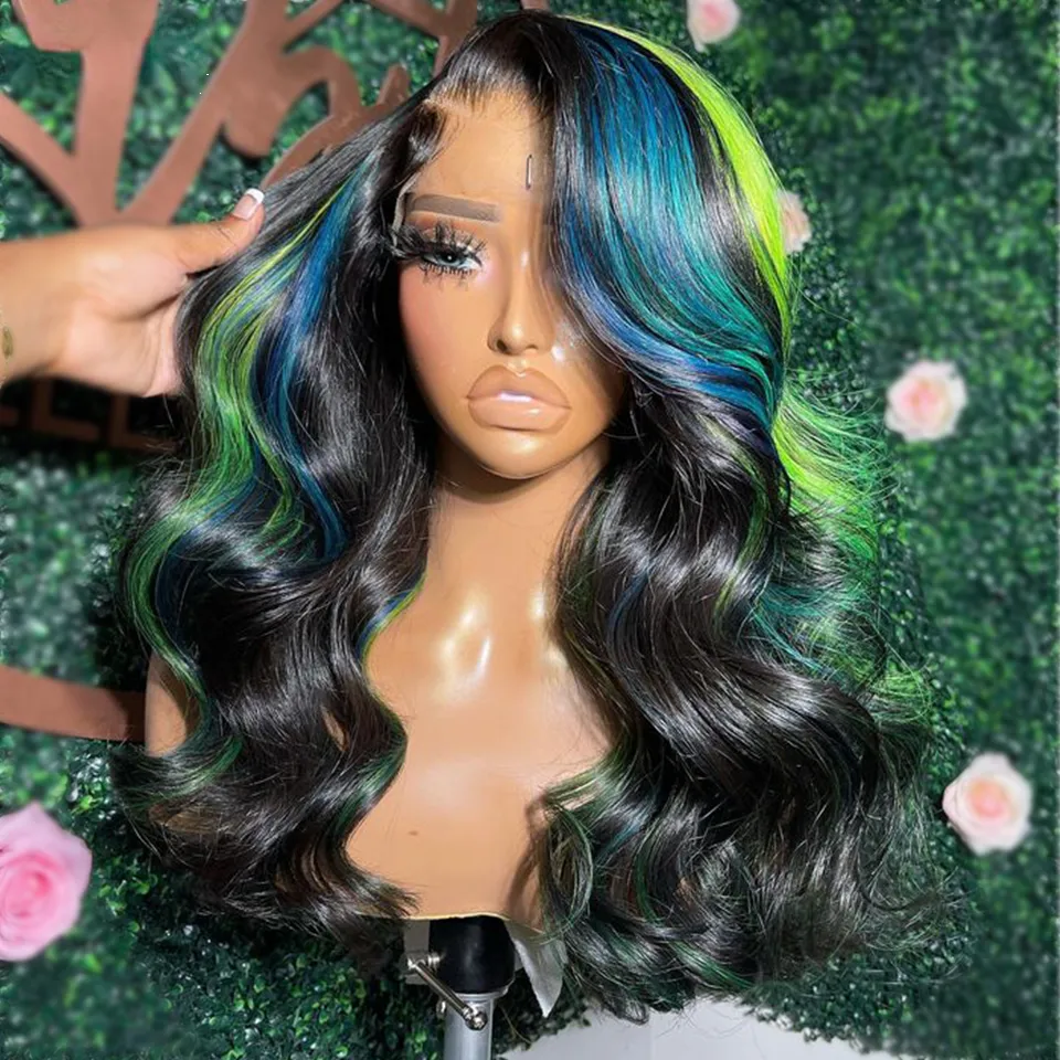 Бразильский сине-зеленый мелированный парик, человеческие волосы, цветные 13x4, кружевные фронтальные парики для женщин, волнистый синтетический полный парик фронта шнурка, предварительно сорванные