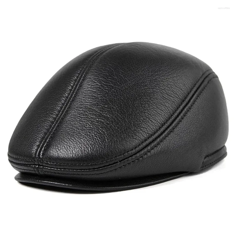 Berets Winter Flat Caps Beret Men Black Warm Duckbill Hat Ivy Male Earflaps Thicker Genuine Leather Solid Classic Driving Cap