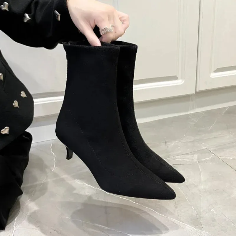 Stövlar 2023 Stretch Fabric Socks Boot Black Shoes Elegant Point Toe Sticking Elastic Ankle For Women 3540 231101