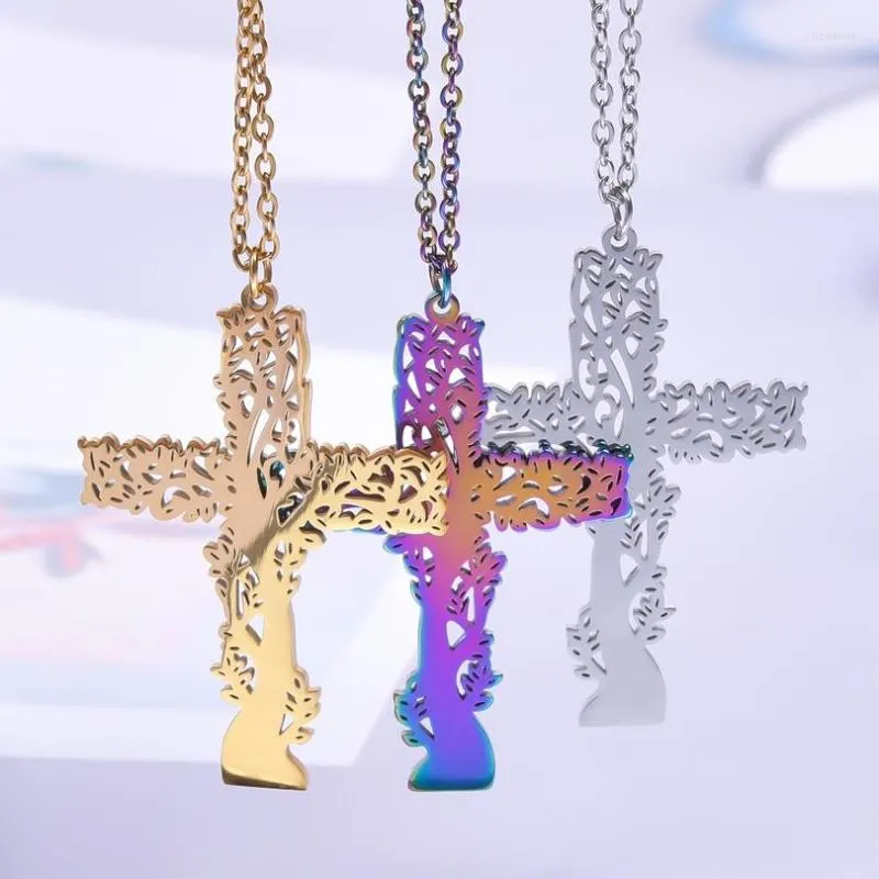 Chains Stainless Steel Gothic Tree Of Life Cross Pendant Necklaces For Women Vintage Religious Faith Croix Men Grunge Collier Jewelry