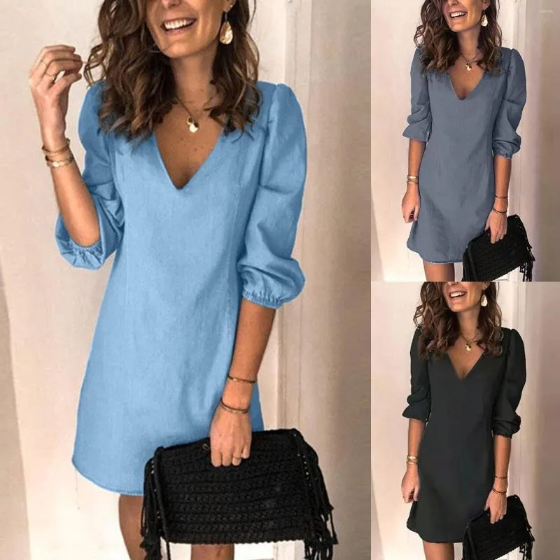 Casual Dresses Womens V Neck Three Quarters Sleeve Elastic Cuff Mini Dress Solid Color Robe Femme Vestido Feminino Dropshiping