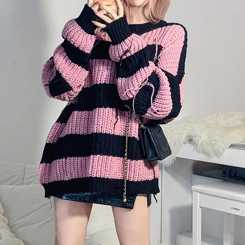 Maglioni da donna Maglione a righe nero rosa Pullover effetto vissuto Maglione lavorato a maglia Donna Dolce ragazza punk Vestito estetico grunge