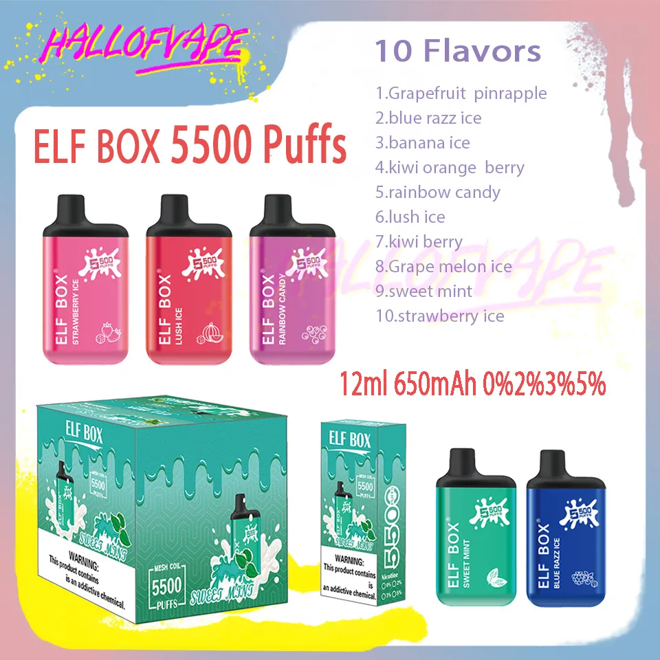 Original ELF BOX 5500 Puff Einweg-Vape-Stift 0 % 2 % 3 % 5 % Füllstand 12 ml vorgefüllter 650-mAh-Akku 10 Farben E-Zigaretten-Puffs 5k