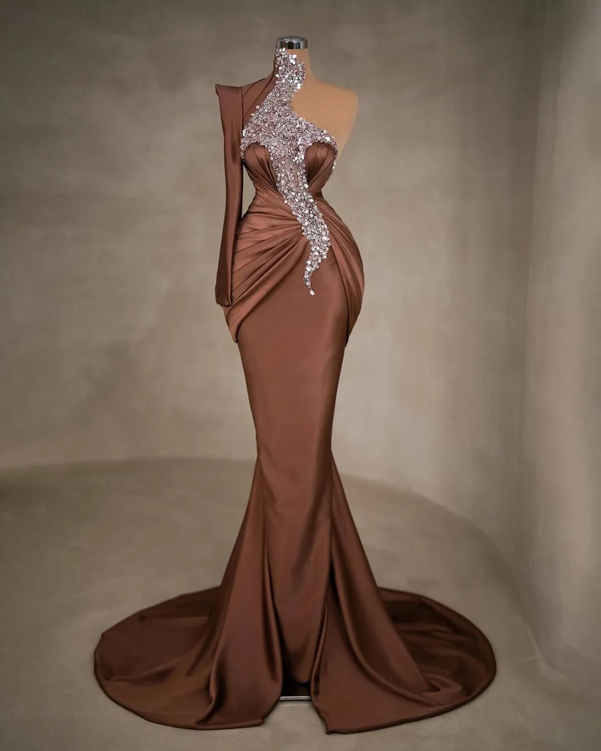One Shoulder Sequined Mermaid Evening Dresses Simple Glitter Brown Prom Dress Floor Length Formal Party Gowns