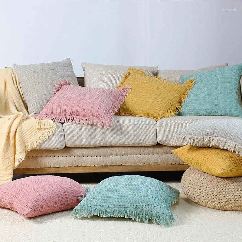 Pillow Tassels Cover 45x45cm Case Cotton Waffle For Home Decoration Pink Beige Yellow Green Sofa Bed