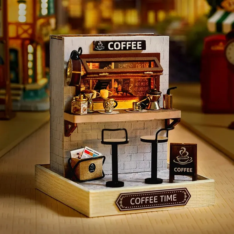 Doll House Accessories Cutebee Diy Dollhouse Mini Casa House Miniature Building Kit med möbler Led Sakura Coffee Shop Toy för födelsedagspresenter 231102