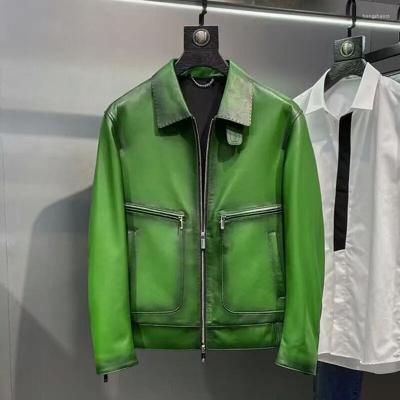 Herenjacks Lederen jas klassieke luxe groene koeienhuide kleding heren afslag kraag motorfiets herfst winterjas