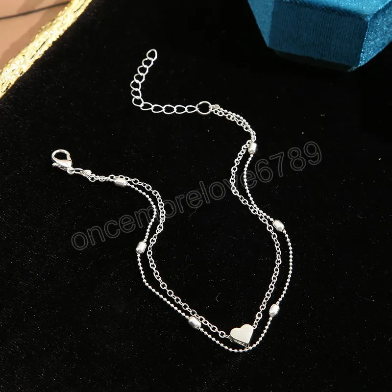 Bracelet de cheville à breloques en forme de cœur Double couche pour femmes, couleur or argent, chaîne de perles, sur le pied, bijoux de plage d'été