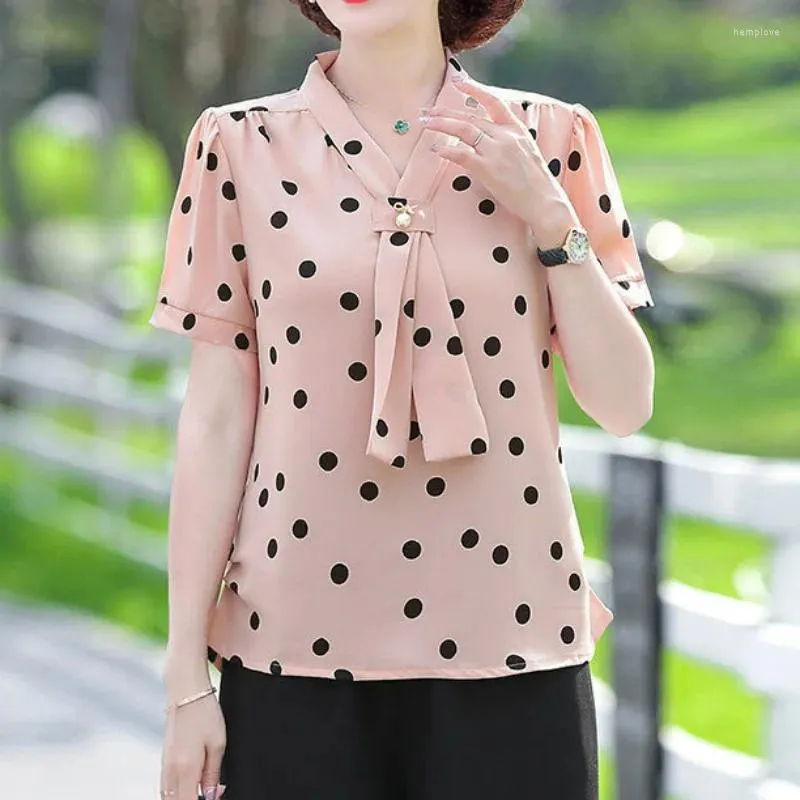 Kvinnors blusar v hals chic knappar kort ärm chiffong vintage blusa mujer de moda 2023 polka dot tryck lös design sense skjortor