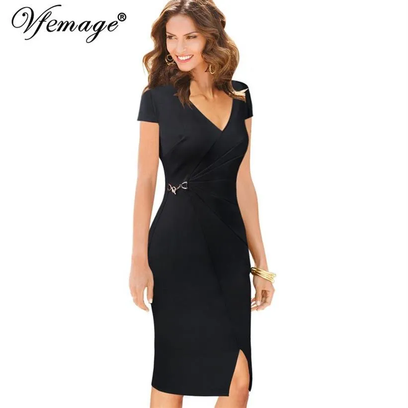 Vfemage Damen-Elegantes Vintage-Kleid mit V-Ausschnitt, gerüscht, plissiert, geteilt, zum Arbeiten, für Büro, Business, Party, figurbetont, Etuikleid 005 D1227H