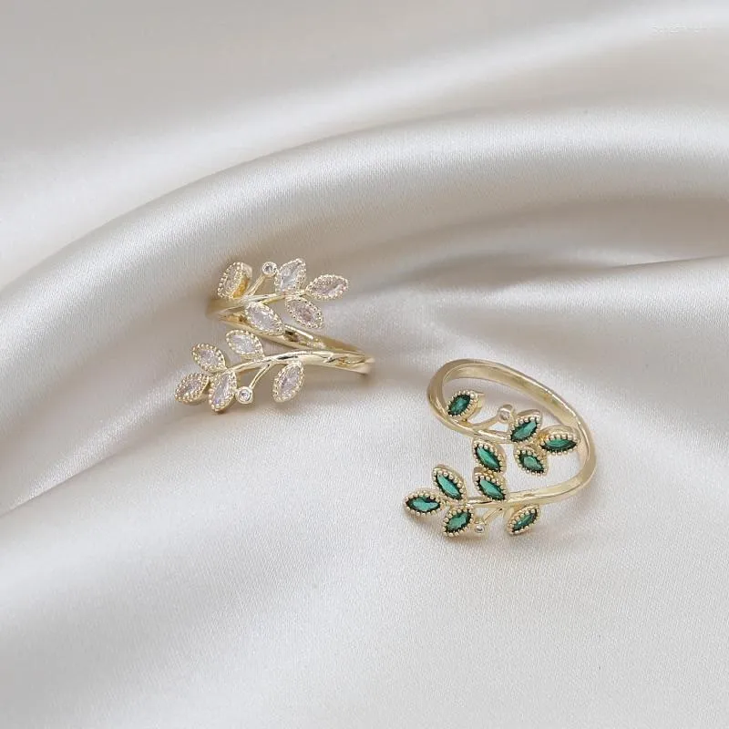 Wedding Rings Wheat Ear Leaf Open Cuff 18K Real Gold Plating Korea Fashion Jewelry Exquisite Green Zircon Elegant Women's Party Gift