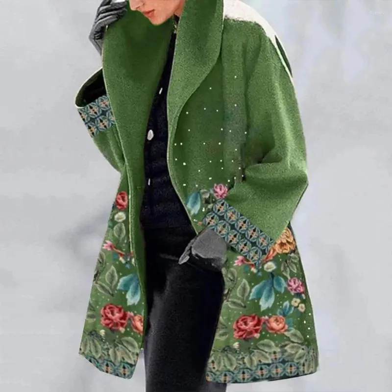 女性用ジャケットの女性秋の冬のオーバーコートフラワープリントルーズ濃い温かいコートミッドレングスターンダウンカラーエレガントなスタイルストリートカーディガン