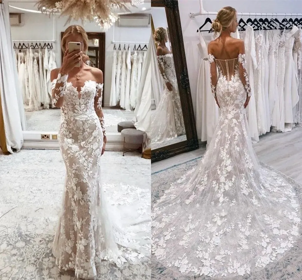 Magnifique mariage 2023 robes de sirène robe de mariée en dentelle appliquée sur l'épaule manches longues balayage train volants sur mesure robes de mariée grande taille