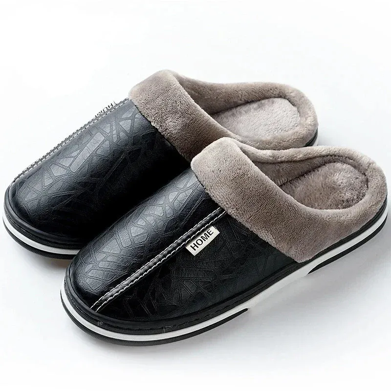 Pantoufles Chaussons pour hommes maison hiver intérieur chaussures chaudes fond épais en peluche imperméable en cuir maison homme coton chaussures 231101