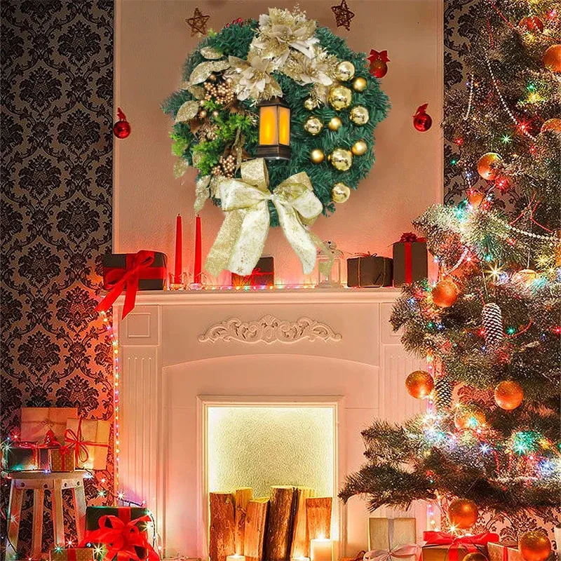 Couronnes de fleurs décoratives Couronne de Noël sacrée artificielle Ornements suspendus avec lumière Joyeux arbre de Noël Couronne Porte d'entrée Décoration murale pour 231102