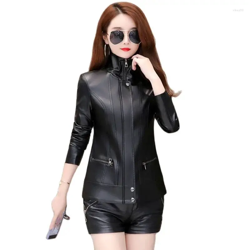 Women's Leather Spring And Autumn Haining Short Locomotive Korean Slim Large Size Collar Coat