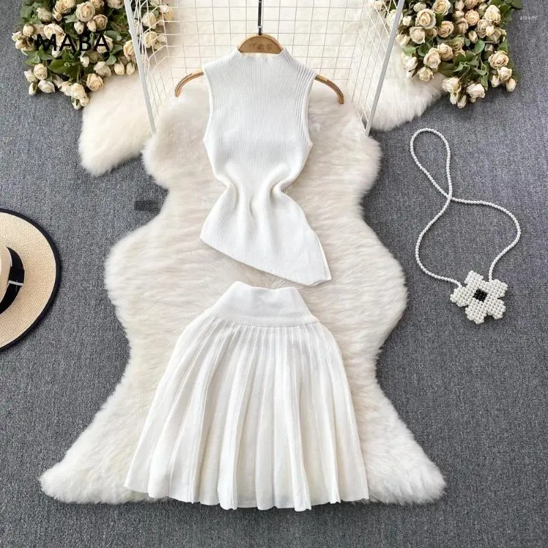 Work Dresses Elegant Knitted Two Piece Sets Women 2023 Autumn Stand Neck Sleeveless Tank Pullover Top Mini Pleated Skirt Korean