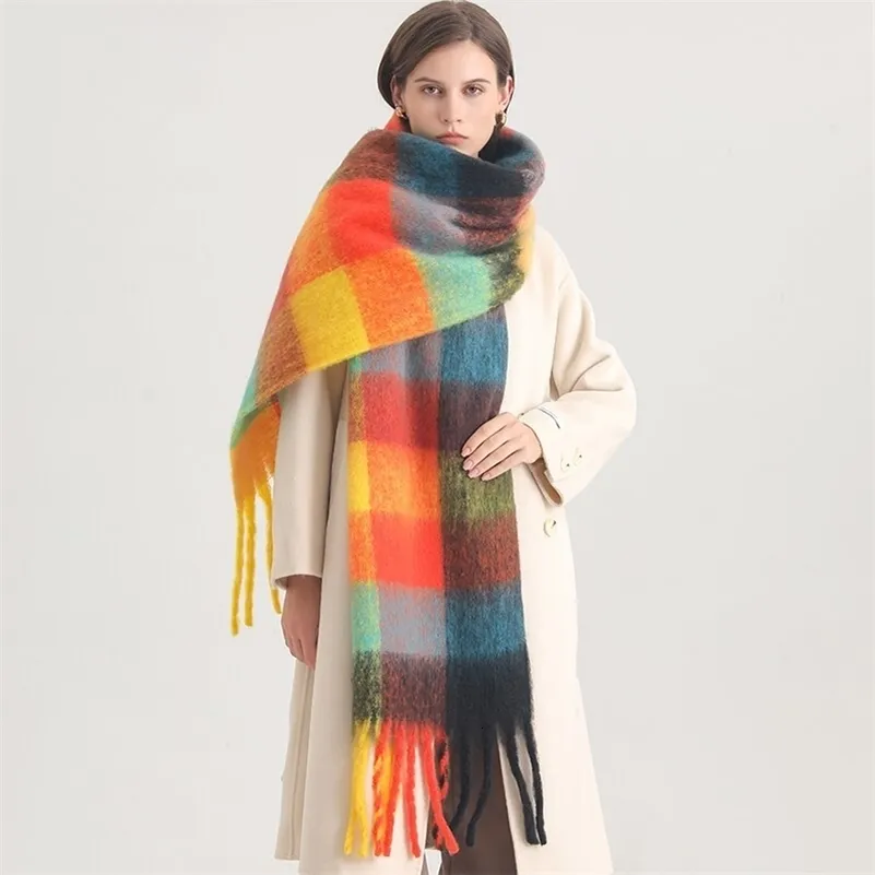 Sciarpe invernali in cashmere caldo arcobaleno stampa scozzese sciarpa da donna Fashoin spessa casual lunga Pashmina avvolgente coperta con nappa Bufanda Echarpe 2023 231101