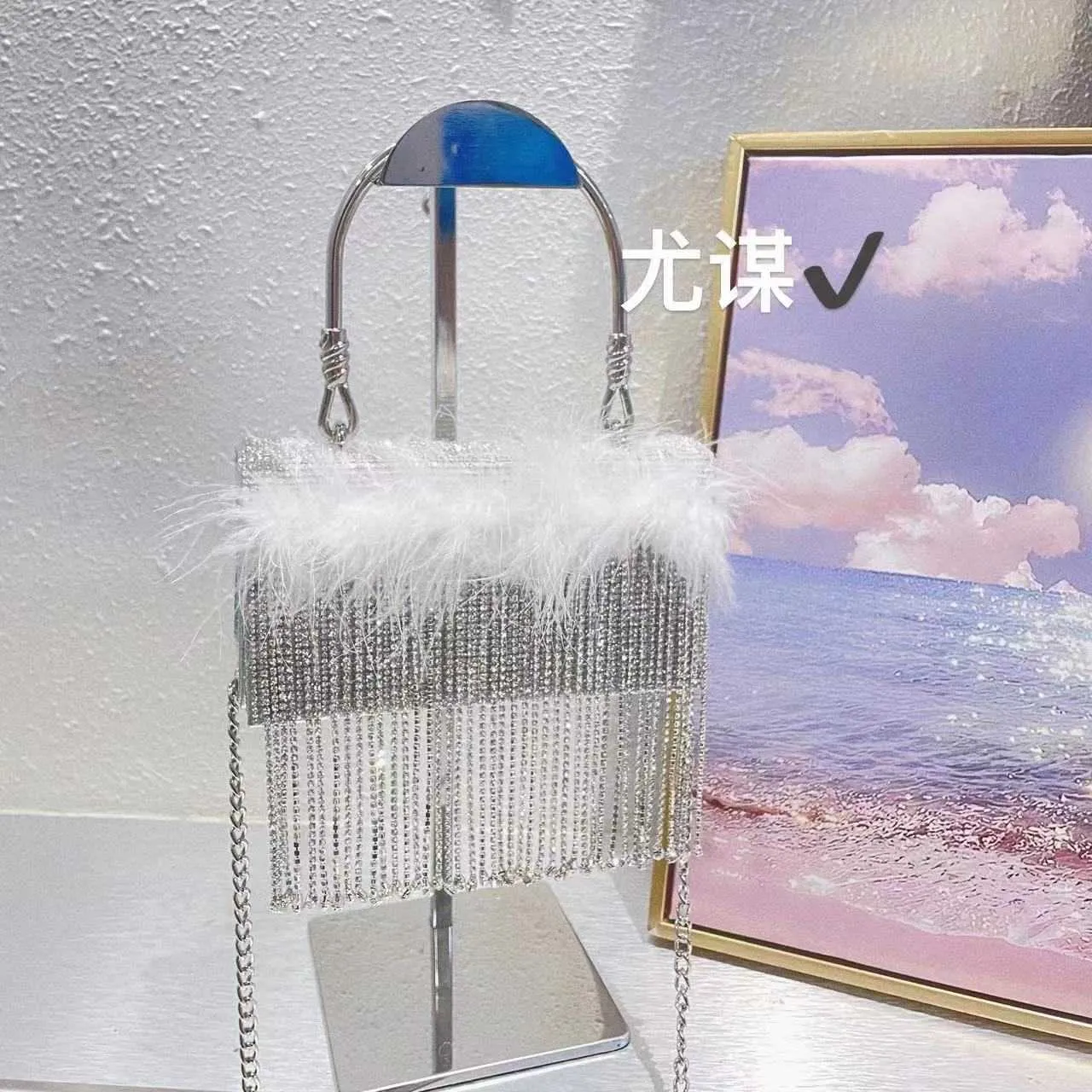 Silver fluffy water small square bag banquet fluffy pillow chain box carrying crossbody bag 231102