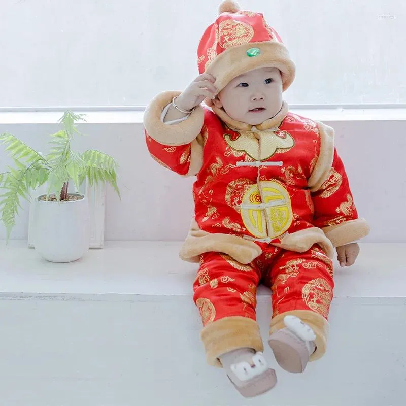 Комплекты одежды, костюм Тан для новорожденных, традиционный китайский костюм, праздничный зимний костюм для младенцев, красный цвет с вышивкой, подарок на день рождения для мальчиков