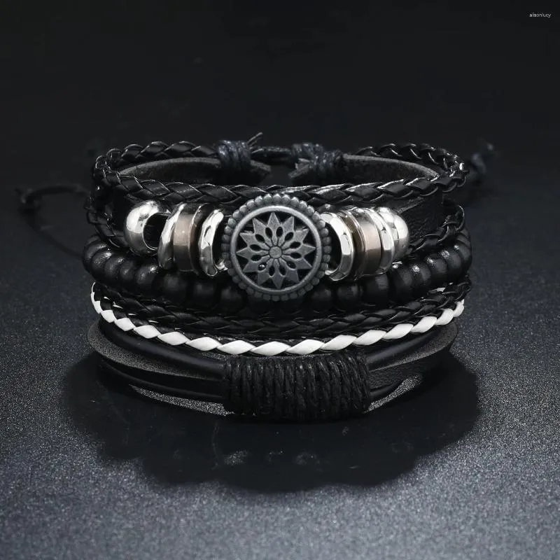 Charm Bracelets Vintage Trendy Leather Bracelet For Men Multiple Woven Flower Wood Bead Decorative Accessories Drawstring