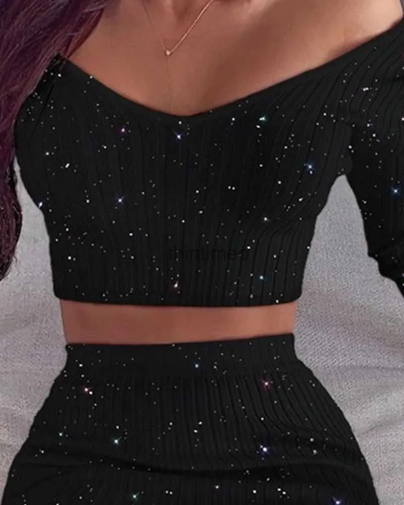 Skirts Spring Fashion Women Sexy Casual Two piece Set Suit Sets Bodycon Dress Glitter Off Shoulder Crop Top Skirt Sets YQ231102